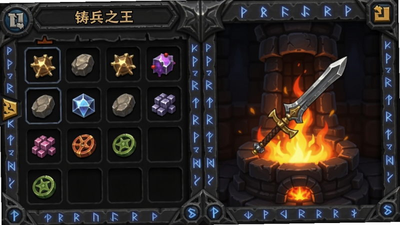 一张手机游戏界面截图,展示铸兵之王的锻造炉界面,左侧是材料栏,右侧是武器预览,炉火熊熊燃烧,界面UI为暗色金属风格,带有符文光效。