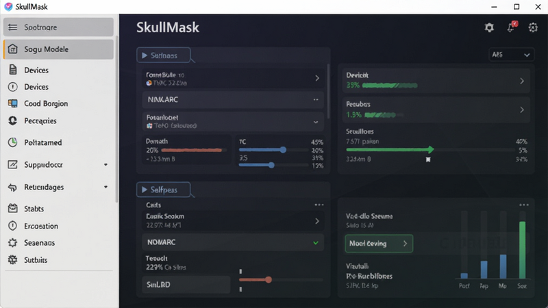 SkullMask软件主界面截图,左侧为功能菜单列表,右侧显示当前设备状态概览,背景采用深色渐变主题,整体风格现代简洁,适配Boogu模型生成
