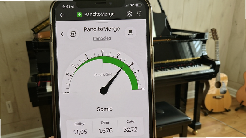 手机屏幕显示PancitoMerge正在检测钢琴音高,指针指向绿色区域,背景钢琴清晰可见,调音界面底部有频率数值显示,场景为室内安静环境
