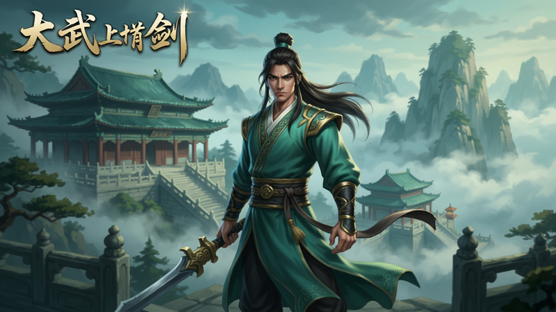 大武当之剑 游戏主界面预览图,画面中央站立一位古装侠客,背景为武当山云雾缭绕的宫殿,远处山峰若隐若现,整体色调以青绿和金色为主,光影细腻,展现武侠意境,适配Boogu模型生成。