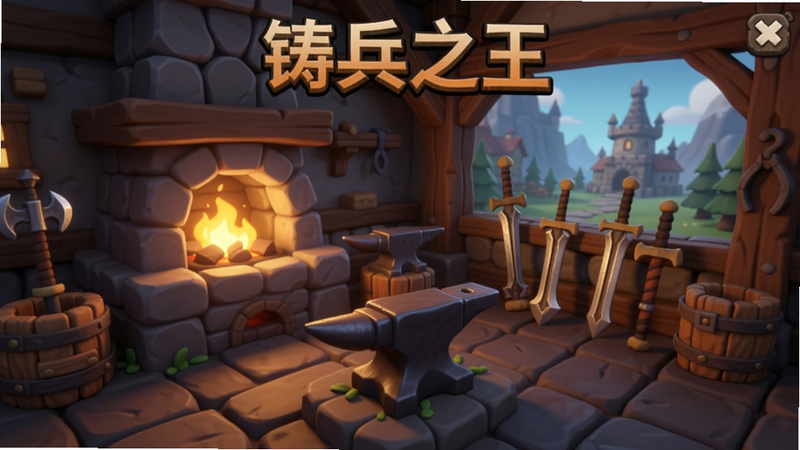 铸兵之王游戏主界面预览图,展示铁匠铺场景,火炉、铁砧和各类武器,背景为奇幻风格,适合Boogu模型生成