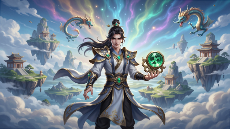 苍穹灵宝手游全景预览图,画面中央是主角林动手持玄天灵宝站在云端,身后是恢弘的圣灵大陆与悬浮仙山,背景有七彩霞光与飞龙环绕,整体风格玄幻唯美,细节清晰,色彩明亮,适配Boogu模型生成。