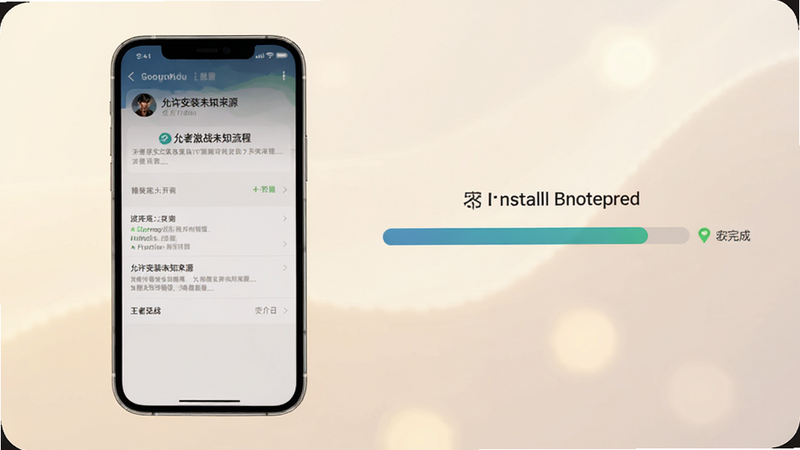 王者激战安装流程示意图,左侧为一台智能手机屏幕显示“允许安装未知来源”设置界面,右侧为安装进度条正在完成,背景柔光处理,风格简洁清晰,适配Boogu模型。