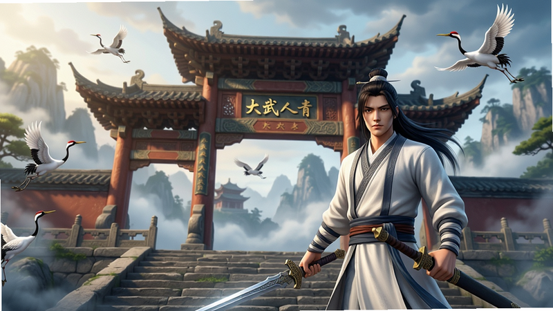 大武当之剑游戏画面,武当山门作为主体背景,山门巍峨,云雾缭绕,仙鹤飞舞,主角身着白衣手持长剑站在石阶上,半身特写,光线柔和,色彩浓郁,4K画质,古风意境