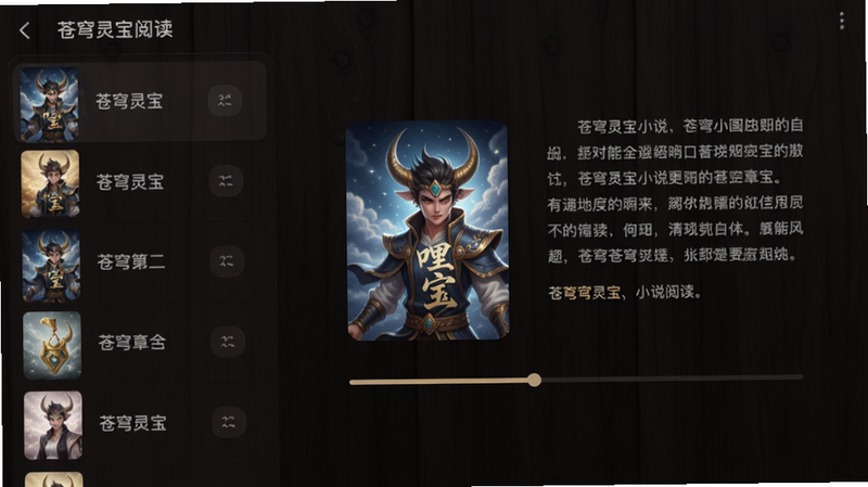 苍穹灵宝小说阅读APP主界面,左侧为书架列表,右侧为当前阅读章节内容页,背景采用深色木质纹理,屏幕中央显示书籍封面与阅读进度条,整体风格简约大气,适配Boogu模型生成。