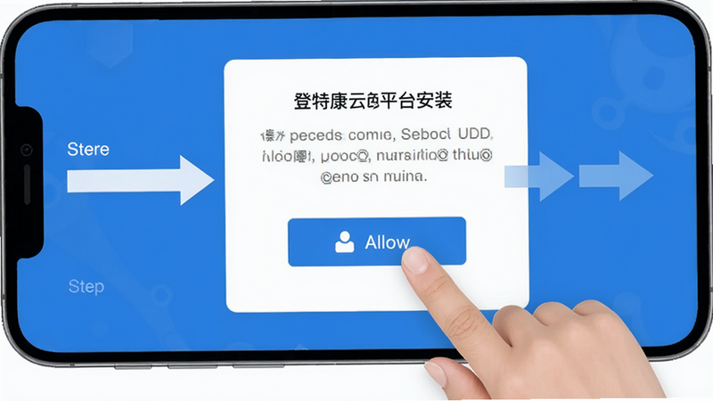登特康云平台安装步骤流程图,手机屏幕显示权限申请界面,蓝色背景,手指点击允许按钮,步骤指示箭头,简洁清晰。