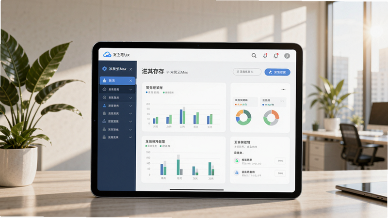 米其云Max软件主界面预览图,显示一个平板电脑上运行进销存管理系统的界面,背景为现代办公室,有绿植和阳光,整体风格清新商务