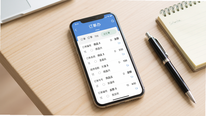 佳速办软件主界面预览图,画面中央展示一部手机,屏幕上显示订单列表,包含订单编号、商品名称、数量、金额等字段,背景为浅色木纹桌面,桌角放着一支签字笔和一本便签,整体色调柔和明亮,突出高效办公氛围