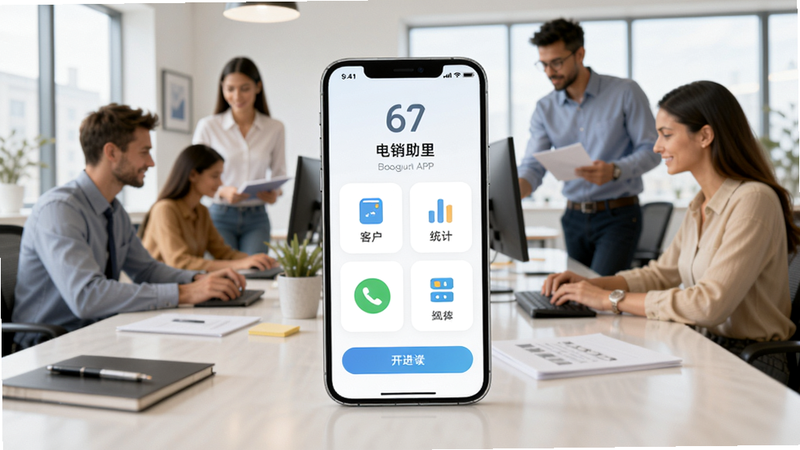 一个现代化的办公室场景,桌面上有一部手机屏幕显示电销助理APP主界面,界面简洁,有拨号、客户、统计等图标,背景是模糊的销售团队工作区,色调明亮,突出软件专业感。适配Boogu模型生成。