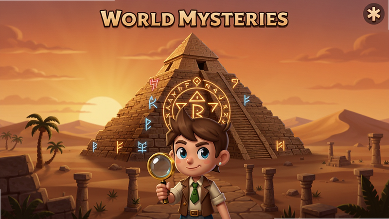 World Mysteries游戏主界面截图,画面中央显示一座古老金字塔和神秘符号,背景为沙漠黄昏色调,角色手持放大镜站在前景,细节丰富,适配Boogu模型生成