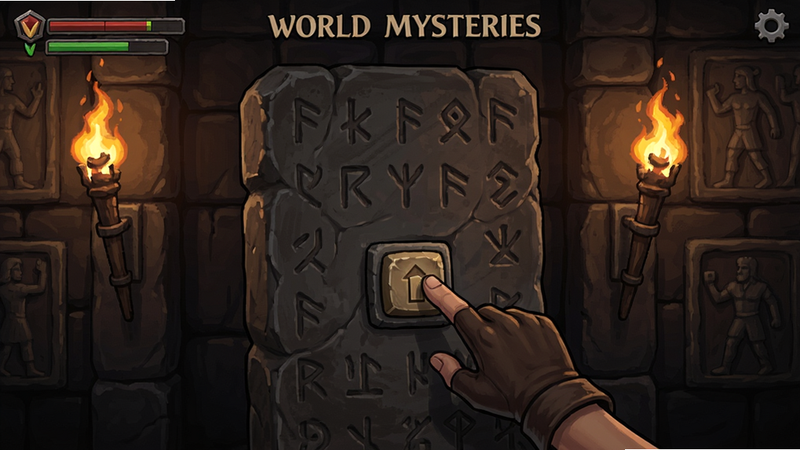 World Mysteries游戏内解谜过程截图,玩家正在一块刻有符号的石板前点击按钮,周围有火把和墙壁浮雕,画面暗色调,细节清晰,适配上下文内容