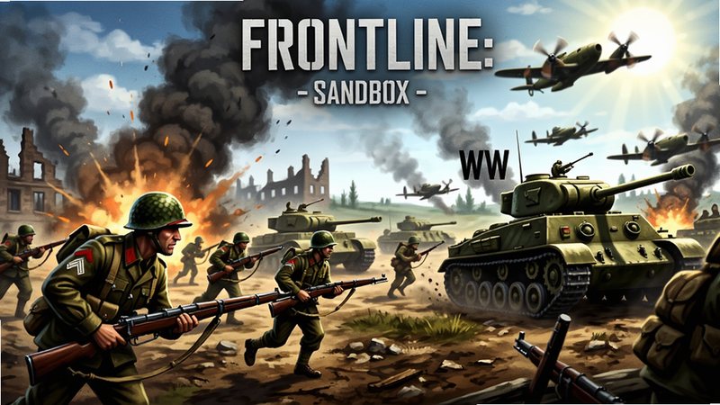 Frontline: WW2 - SandBox游戏主界面,展示硝烟弥漫的欧洲战场,前景有士兵持枪冲锋,背景有坦克和轰炸机,画面色彩浓郁,细节丰富,比例16:9,居中构图,明亮光线