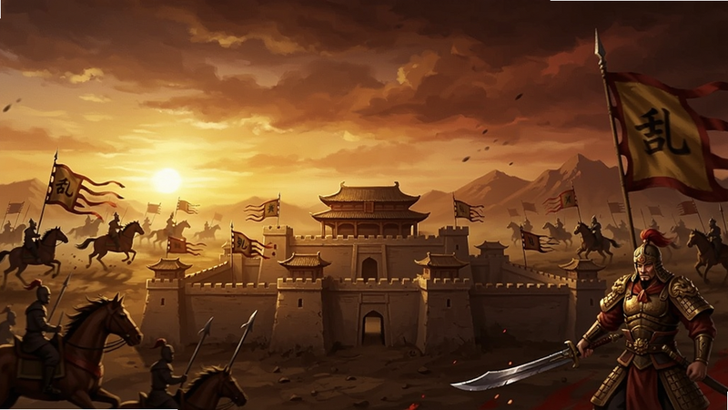 乱世无双游戏主界面预览,画面中央是一座巍峨的古代城池,城楼上飘扬着旗帜,背景是夕阳下的战场,战马奔腾,武将持刀而立,整体色调金黄与暗红交织,营造出悲壮宏大的战争氛围。坐标:主体城池位于画面中心偏下,背景云层和远山占据上方1/3区域。