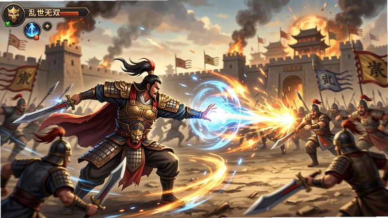 乱世无双游戏战斗场景,画面中武将释放华丽技能,士兵冲锋,特效炫酷,背景是烽火连天的城池,色彩鲜艳,动态十足。
