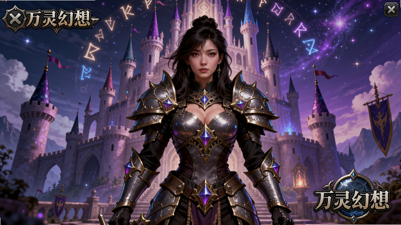 万灵幻想游戏主界面,画面中央站立一位身穿华丽铠甲的女性角色,背后是魔法城堡和漂浮的符文,背景为紫色星空,整体风格奇幻,色彩饱和,细节丰富