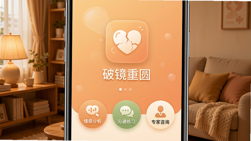一张智能手机屏幕截图,显示破镜重圆app的主界面,背景为暖色调的室内环境,画面中央是app图标和“破镜重圆”字样,下方有“情感分析”“沟通练习”“专家咨询”三个圆形按钮,整体风格温馨治愈,适合Boogu模型生成