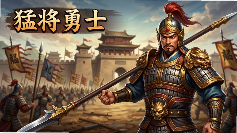猛将勇士游戏主界面展示,背景为三国城池战场,前景站立一名手持长枪的武将,铠甲细节清晰,整体风格写实,色彩鲜明,适合用作游戏推广预览图