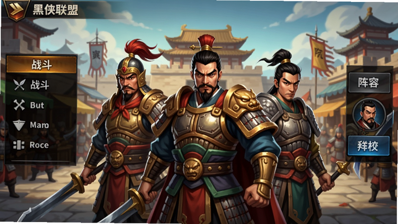 黑侠联盟游戏主界面预览图,画面中央是三位三国武将站成一排,背景是古代城市场景,左侧有战斗菜单,右侧有阵容切换按钮,整体色彩鲜明,UI简洁,适合作为游戏宣传图。