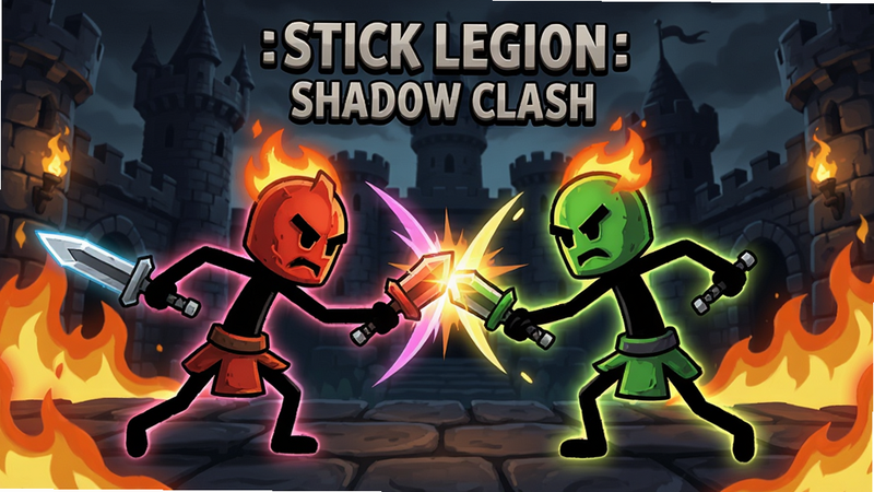 Stick Legion: Shadow Clash游戏主界面,展示两个火柴人角色正在激烈战斗,背景是昏暗的城堡,有火焰和特效,画面充满动感,采用卡通渲染风格,细节丰富,色彩鲜明。