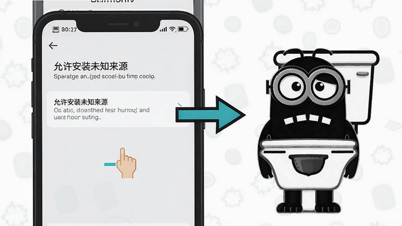 生成一张手机游戏安装教程示意图,画面中一只手机屏幕显示“允许安装未知来源”的设置页面,旁边有一个马桶人图标,风格简约清晰,突出操作步骤。