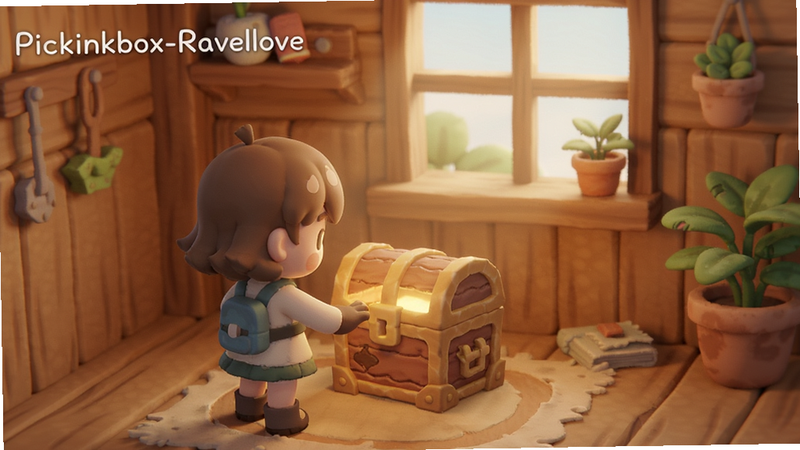 Pickinkbox-Ravelove游戏主界面预览图,展示一间暖色调的木质房间,中央放置着发光的小箱子,角色站在箱前伸手触碰,背景有朦胧的窗户和植物,整体呈治愈系手绘水彩风格,人物与物体坐标居中偏左,光线柔和。
