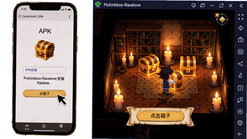 Pickinkbox-Ravelove安装步骤截图,左侧手机屏幕显示点击APK安装,右侧模拟器窗口正在运行游戏,画面展示箱庭内部,地面有发光箱子,周围是书架和蜡烛,人物角色处于互动状态,提示“点击箱子”按钮,整体暖光氛围,坐标中心偏下。