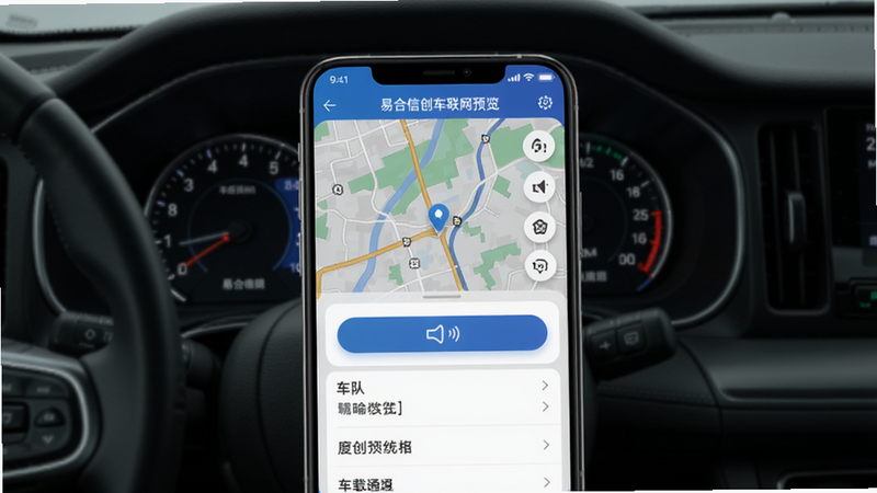 易合信创车联网预览图,画面主体为手机屏幕显示软件主界面,背景为深色汽车仪表盘,界面中包含地图、对讲按钮、车队列表等元素,整体风格科技感强,突出车载通讯核心功能,适配Boogu模型生成
