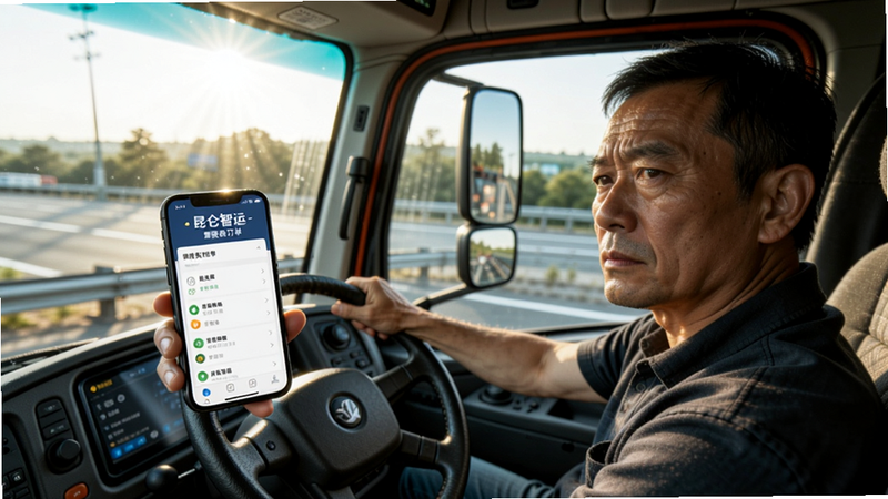 一位中年司机坐在卡车驾驶室内,右手握方向盘,左手举着手机,手机屏幕显示昆仑智运-驾驶员订单界面,表情专注,背景是高速公路,阳光透过挡风玻璃,图片风格写实,光线自然,适合Boogu模型生成。
