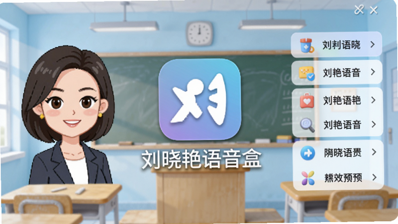 刘晓艳语音盒主界面预览,画面中央显示软件图标与名称“刘晓艳语音盒”,背景为淡蓝色课堂风格,左侧有刘晓艳老师卡通头像,右侧为功能菜单列表,整体明亮简洁,适配Boogu模型生成。