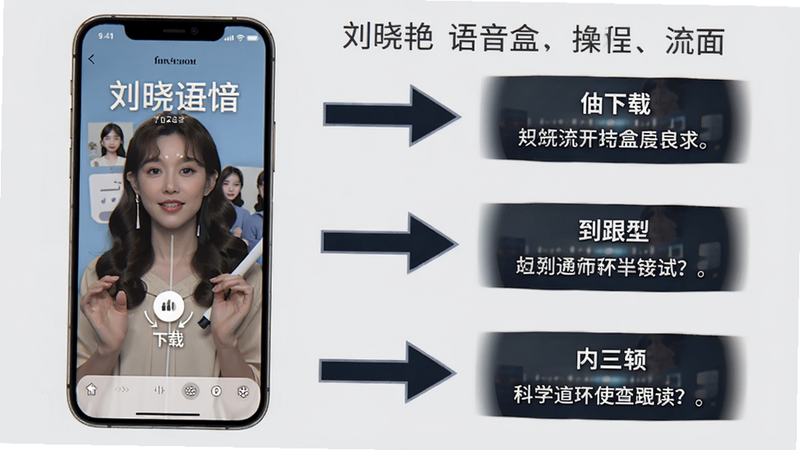 刘晓艳语音盒使用教程步骤图,画面左侧显示手机界面,右侧用箭头标注操作流程,从下载到跟读共三步,背景为浅灰色,文字提示清晰。