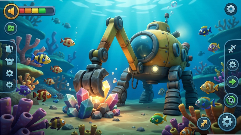 A vibrant underwater scene with a large submarine mining robot extracting minerals from the ocean floor, surrounded by colorful coral and fish, bright lighting, detailed textures, game interface elements on the sides, Boogu style