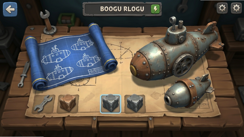 A game screen showing a tool crafting interface with blueprints and materials, realistic submarine parts, Boogu style