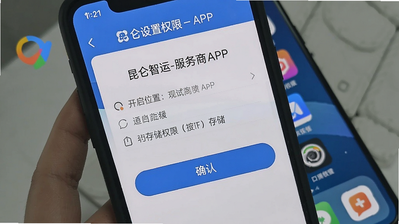 手机屏幕显示昆仑智运-服务商APP的设置权限页面,提示开启位置和存储权限,下方有确认按钮,背景为手机桌面,突出权限操作的重要性。