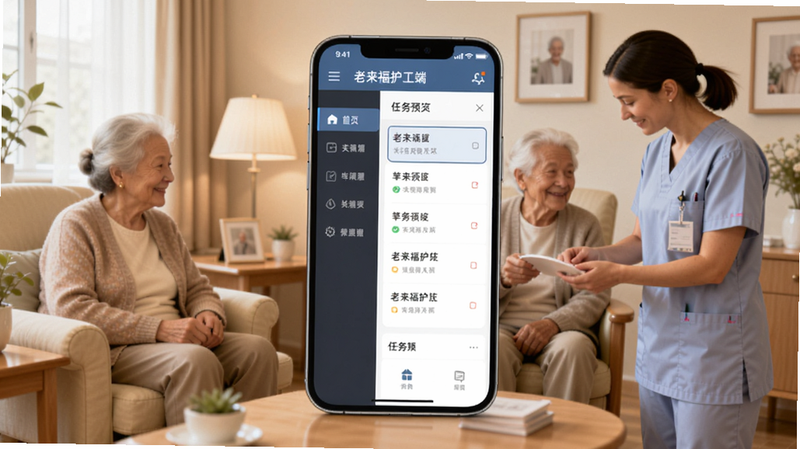 老来福护工端主界面预览图,画面中央显示手机屏幕,屏幕内是软件主界面,包含左侧菜单栏和右侧任务列表,背景是温馨的养老院房间,有老人和护工互动,色调柔和,光线明亮,细节丰富,适配Boogu模型生成