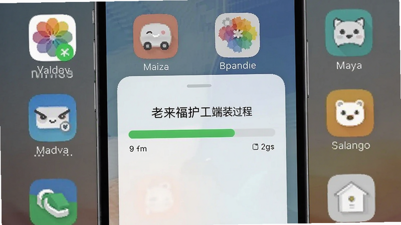 老来福护工端安装过程截图,显示手机屏幕上有安装进度条,背景是手机桌面,有各种应用图标,画面清晰,细节丰富,适配Boogu模型生成