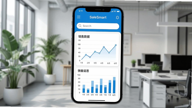 一个智能手机屏幕占据画面中央,显示SaleSmart应用的主界面,上方有导航栏和搜索框,中间是销售数据仪表盘,包含折线图和柱状图,背景为模糊的现代化办公室,绿植和办公桌隐约可见,整体色调蓝白搭配,突出商务专业感。