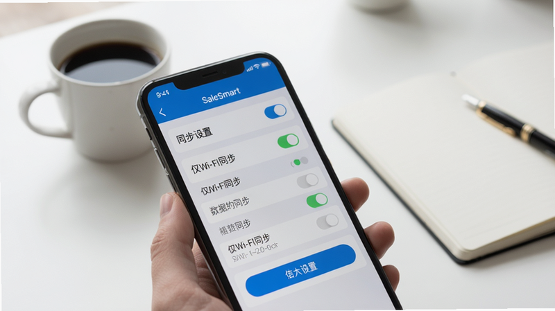 手机上显示SaleSmart应用的“同步设置”页面,顶部有“仅Wi-Fi同步”开关,下方列出多个数据模块的同步状态,背景是一张干净的办公桌,上有一杯咖啡和笔记本,画面色调柔和,聚焦于设置界面的操作按钮。