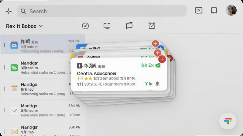 手机邮件邮箱主界面截图,展示收件箱列表和顶部搜索栏,背景为浅灰色渐变,中心位置为邮件卡片堆叠效果,整体风格现代简约,适配Boogu模型生成