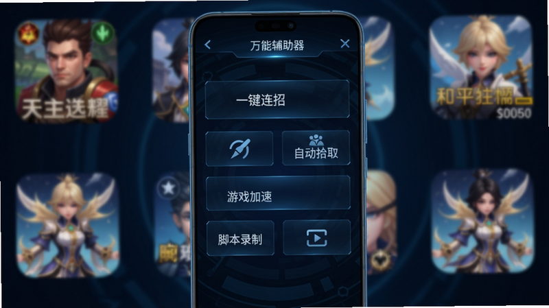 一个智能手机屏幕正中央展示手游万能辅助器的主界面,界面包含“一键连招”“自动拾取”“游戏加速”“脚本录制”等功能按钮,背景是模糊处理的王者荣耀、和平精英、原神等游戏图标,整体色调为暗色科技蓝,突出工具感与专业感,画面居中构图,手机屏幕高亮显示。