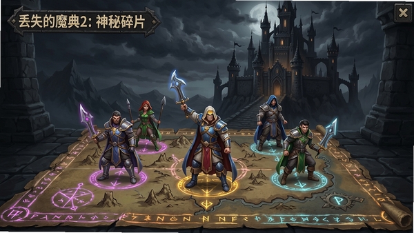 丢失的魔典2:神秘碎片 游戏主界面 英雄小队在魔法地图上布阵 背景是暗黑城堡