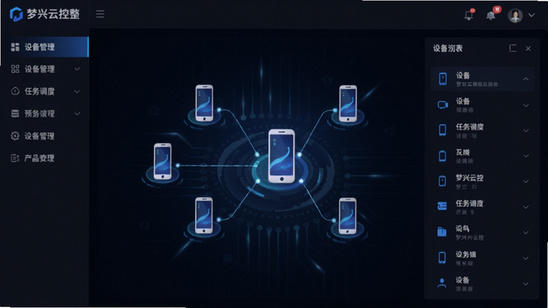 梦兴云控整体界面预览图,展示软件主面板与设备列表,背景为深色科技感,中央显示多台手机图标连线,左侧菜单栏包含设备管理、任务调度等选项,整体风格简洁专业
