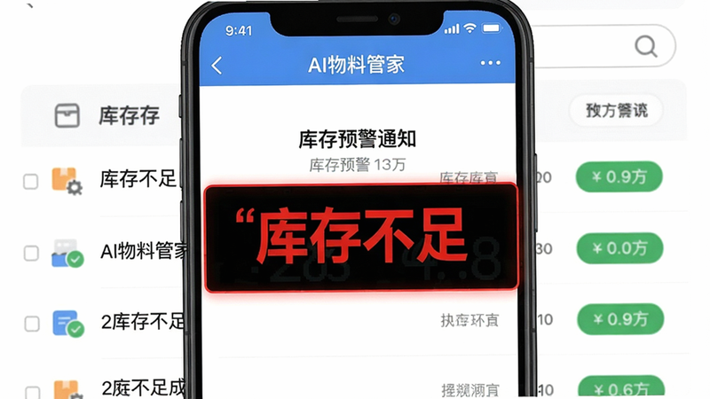 一张手机屏幕截图,显示AI物料管家的库存预警通知界面,红色警告数字“库存不足”,背景是库存列表,突出预警功能。