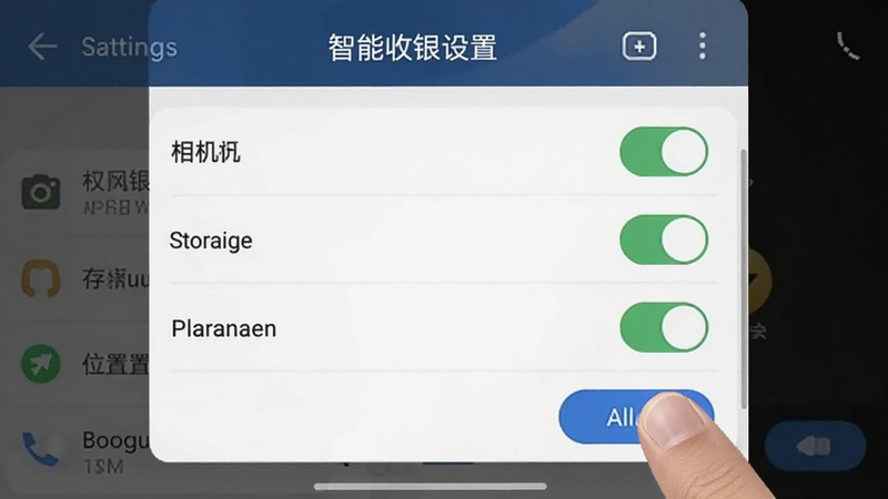 先叫智能收银设置界面截图,显示权限管理列表,包括相机、存储、位置开关,背景为手机系统设置界面,手指正在点击允许按钮,画面清晰展示开关状态,适配Boogu模型生成。