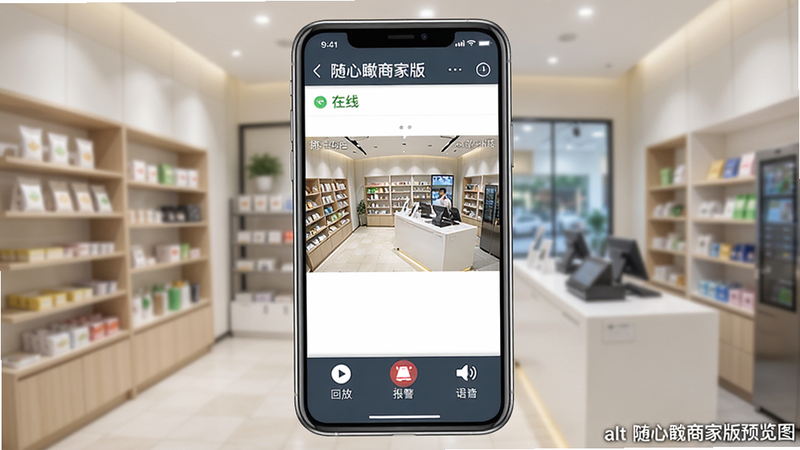 随心瞰商家版主界面预览图,画面展示手机App首页,顶部显示店铺名称和在线状态,中间为高清监控画面,底部有回放、报警、语音等图标,背景为整洁的商铺内部环境,光线明亮,色调柔和,体现专业监控氛围,alt=