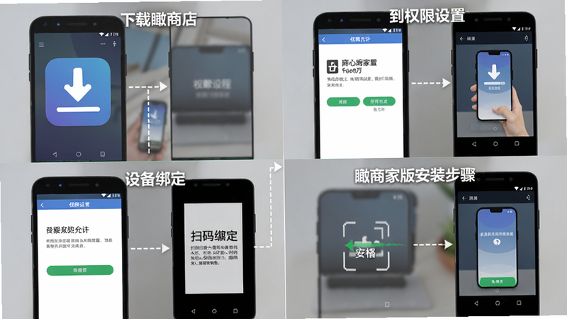 随心瞰商家版安装教程流程图,展示从应用商店下载到权限设置、设备绑定的完整步骤,画面分为四个格子,依次显示下载图标、权限允许界面、扫码绑定界面、成功画面,背景为安卓手机屏幕模拟,alt=