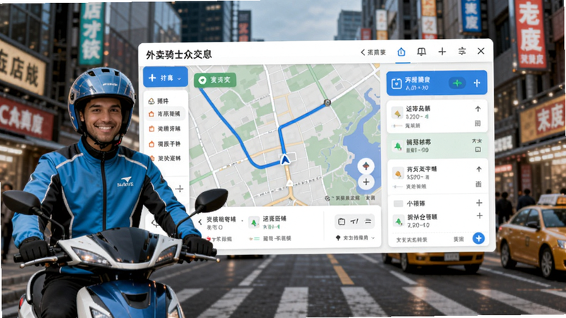 外卖骑士众包软件主界面预览图,画面中央为地图导航与订单列表,背景为繁华城市街道,骑手形象位于左侧,整体风格简洁明亮