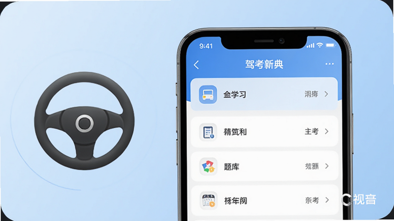 驾考新典主界面预览图,画面中央展示手机屏幕上的题库列表,背景为浅蓝色渐变,左侧放置虚拟方向盘图标,整体风格简约现代,突出软件学习氛围