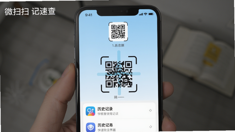 微扫扫二维码快速查主界面截图,手机屏幕显示应用首页,顶部有扫码按钮,下方列表展示历史记录,背景为浅色渐变,整体风格简洁,突出二维码扫描和记录查询功能,画面居中构图,软件名称标注在左上角。