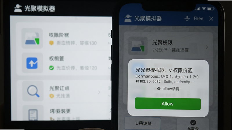 光聚模拟器安装权限设置界面,手机屏幕显示弹出权限请求窗口,用户点击允许,背景为光聚主界面,细节清晰。