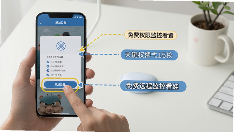 免费远程监控看娃安装设置步骤示意图,展示手机屏幕上点击“添加设备”按钮的界面,背景为简洁的桌面,标注出关键权限设置选项,画面清晰易懂。